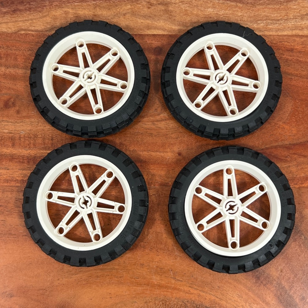 LEGO Technic Set of 4 White 6-Spoke Wheels with Black Knobby Tires 81.6 x 15